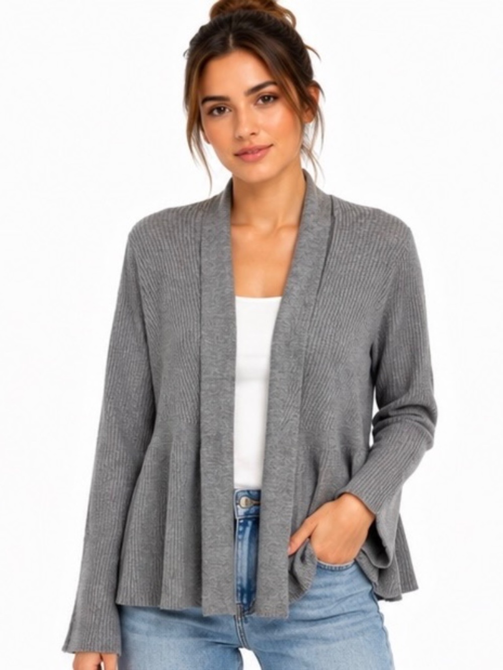 Verve Ami Women's Large Gray Ribbed Open Front Cardigan Sweater